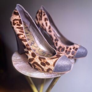 Sam Edelman Frances Leopard Print Fur and Metallic Block Heels
